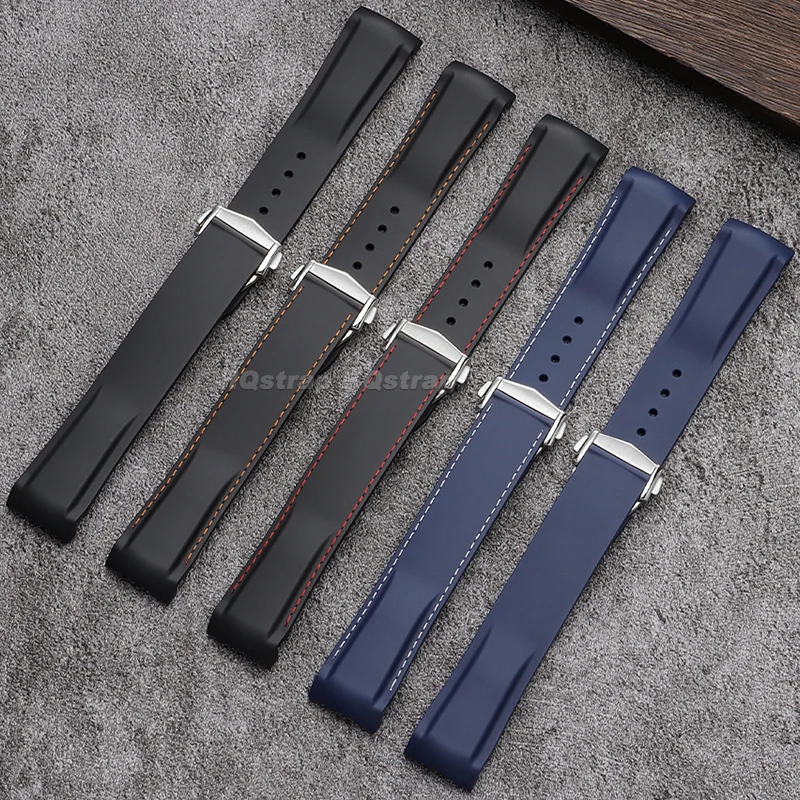 Curved End Silicone Watchband for Omega Seamaster 300 Speedmaster 20mm 22mm Rubber Strap Waterproof Sport Bracelet Folding Clasp