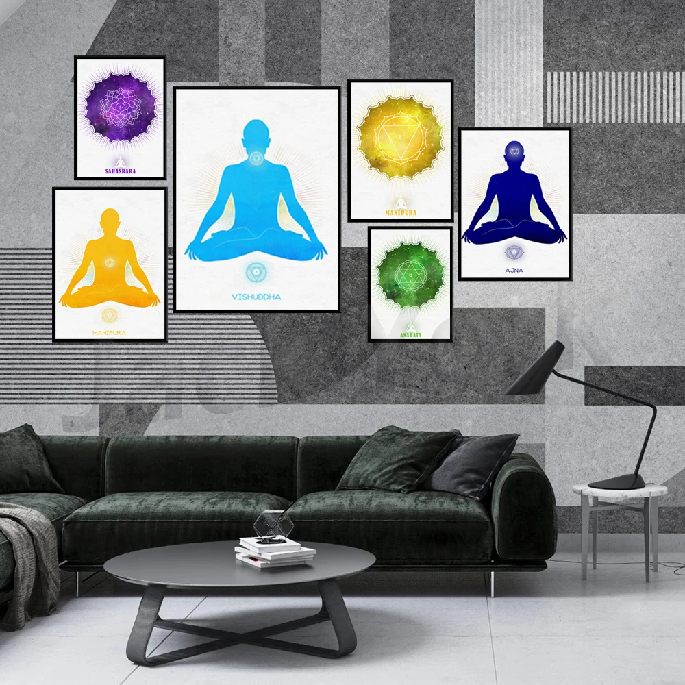 Ajna Third Eye,Sahasrara, Vishuddha,Anahata Chakra Printable, Meditation Poster, Reiki Decor, Yoga Art Print, Lotus Pose Artwork