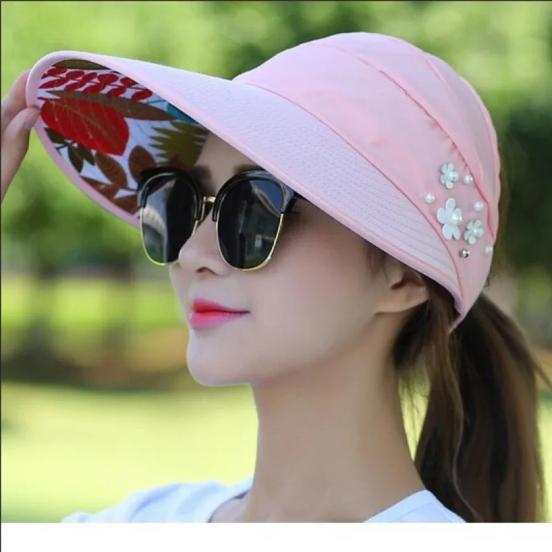 Cappello da sole ombra estiva HHt per donna protezione solare pieghevole spiaggia cappello a tesa larga protezione UV ciclismo Top vuoto