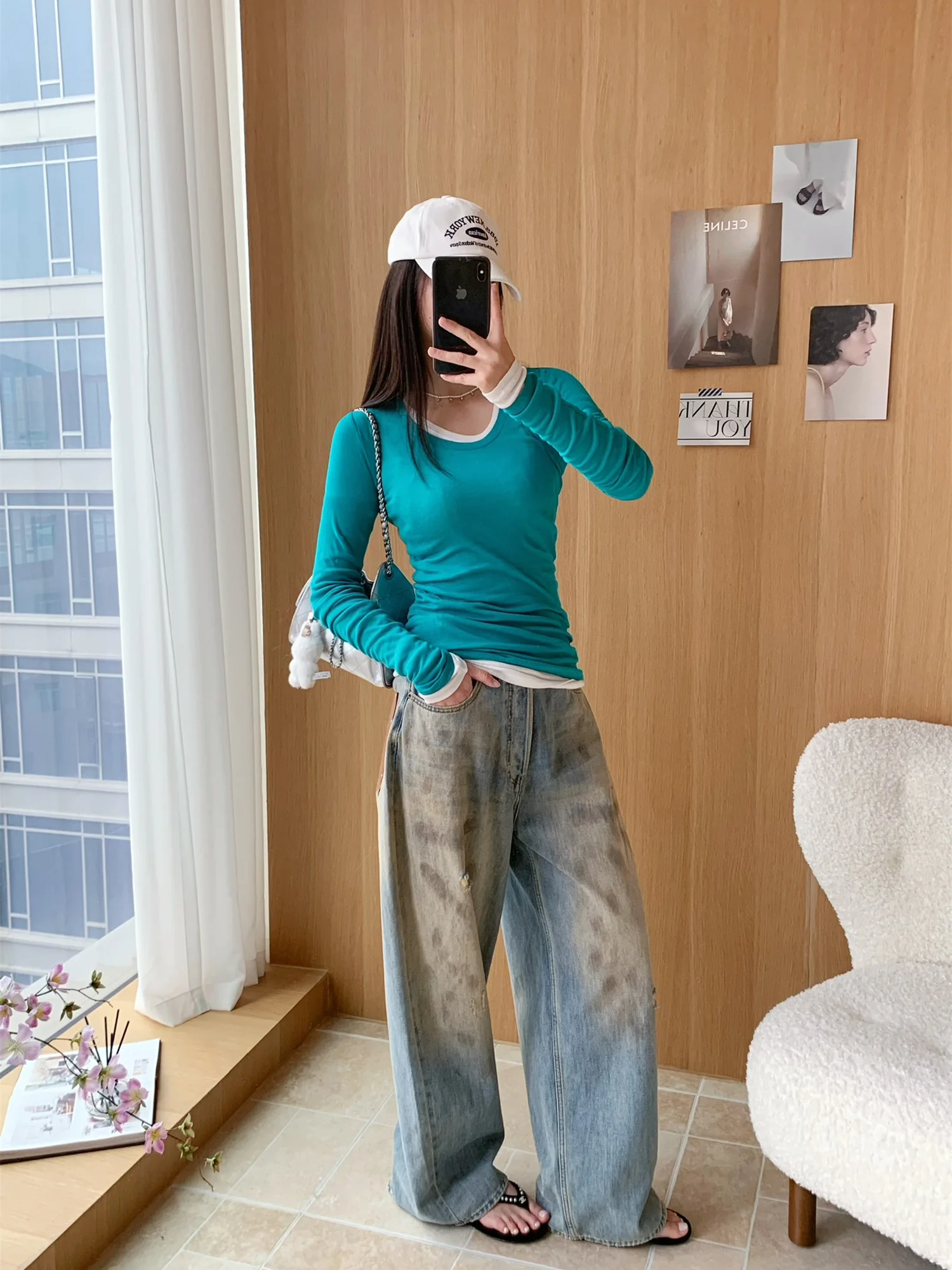 

Женский хлопковый топ Flipped Zhao Lu Si: ультраэластичная трикотажная футболка с длинным рукавом, повседневная модель из плотной ткани