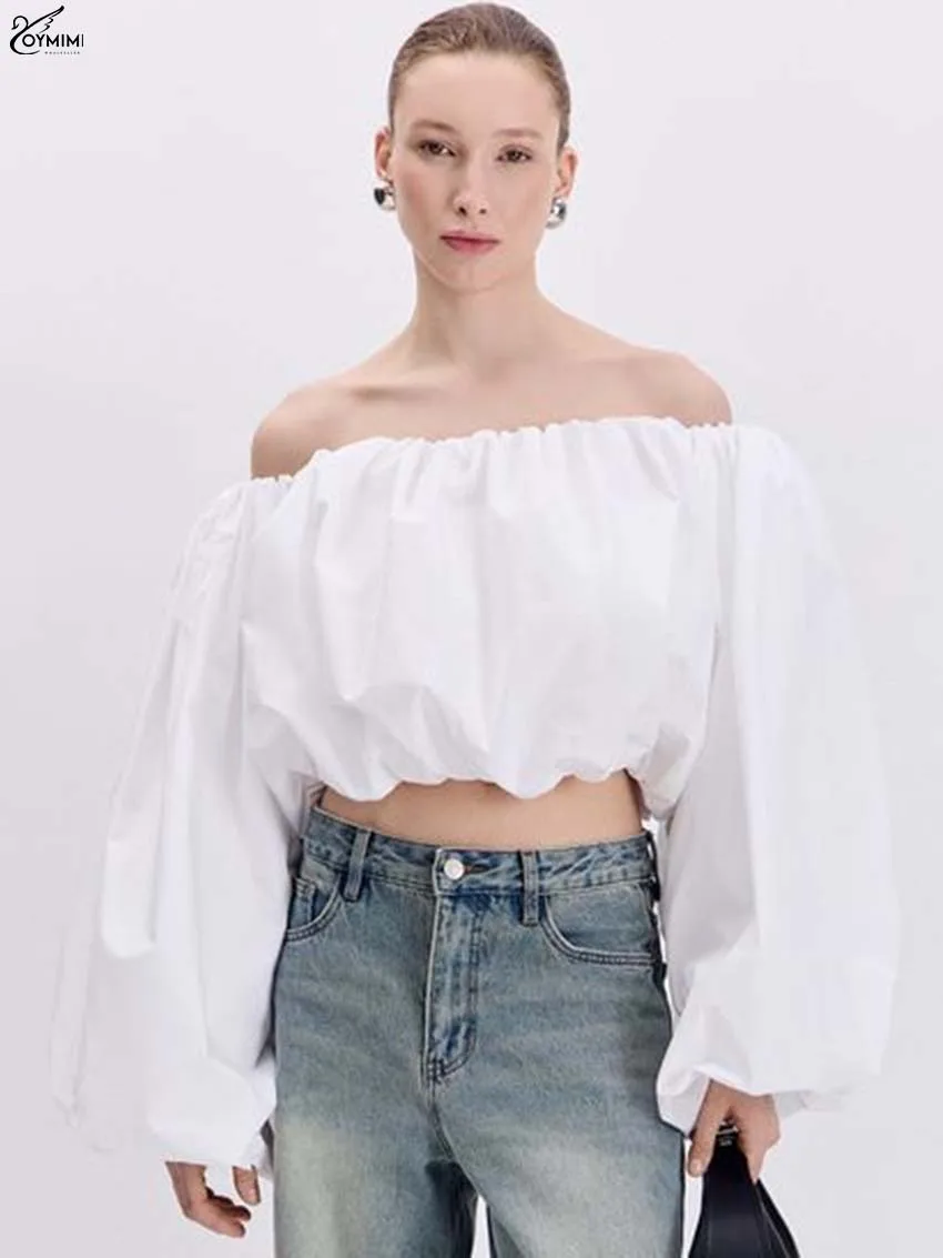 Oymimi, blusas elegantes de algodón blanco para mujer, blusas holgadas sin tirantes con mangas abullonadas a la moda, Tops cortos lisos para otoño, ropa femenina