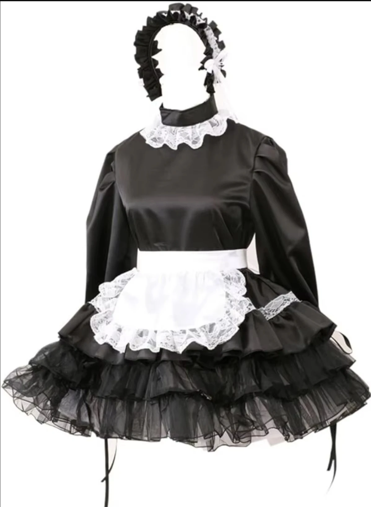 

Black Smooth Satin Patchwork White Lace Middle Tie Hair Clip Long Sleeved Dress Independent Apron