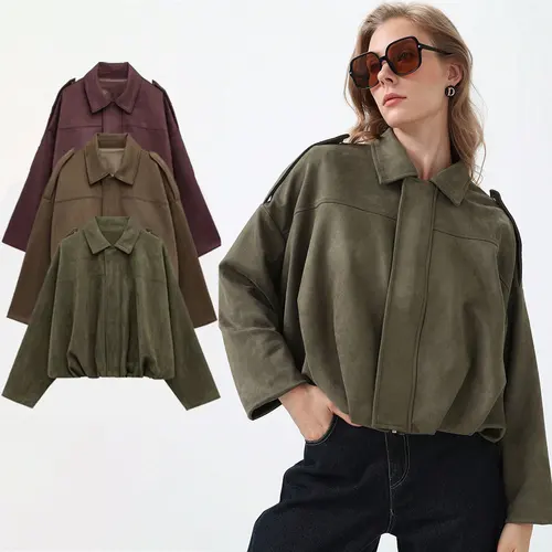 HH-chaquetas Bomber para mujer, abrigo de ante a la moda con cuello vuelto, abrigos sueltos de manga larga, prendas de vestir exteriores Vintage para mujer, Tops elegantes