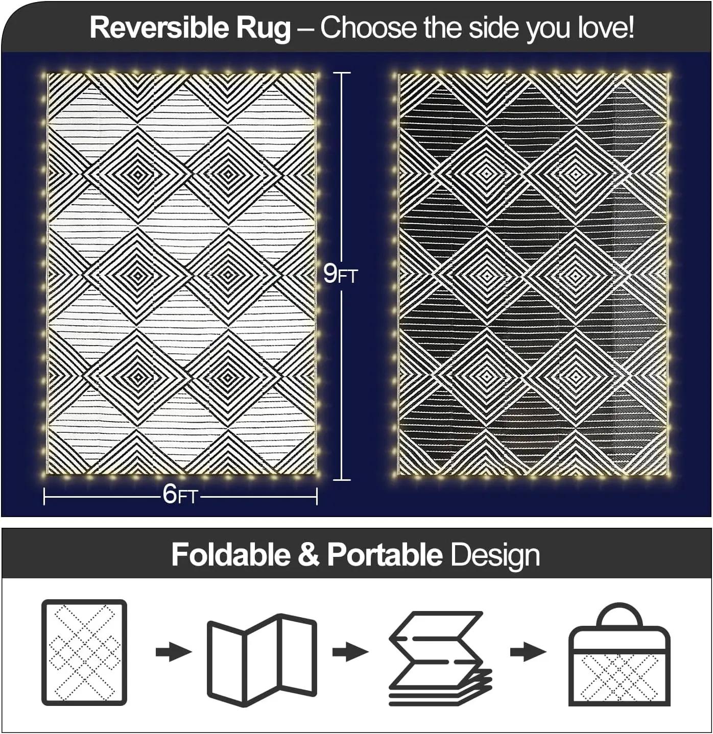 6x9ft Waterproof Outdoor Rug with LED Lights, Foldable Reversible Plastic Straw Mat for Patio RV Camping Picnic Balcony Beach De