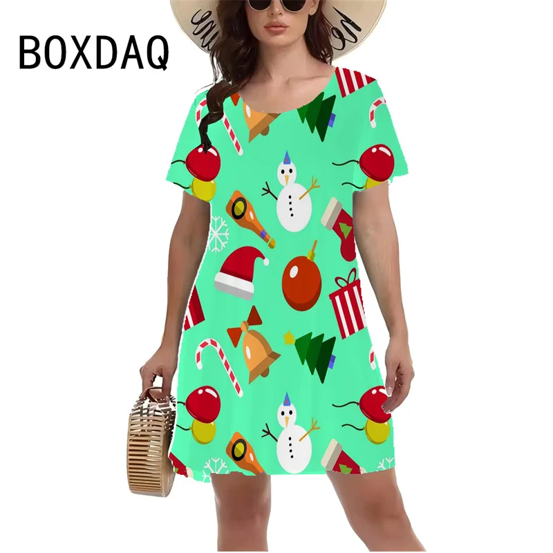 Women Short Sleeve O-Neck Casual T-Shirt 3D Christmas Element Print Mini Dress Fashion Lady Personality Dress Vestidos De Mujer