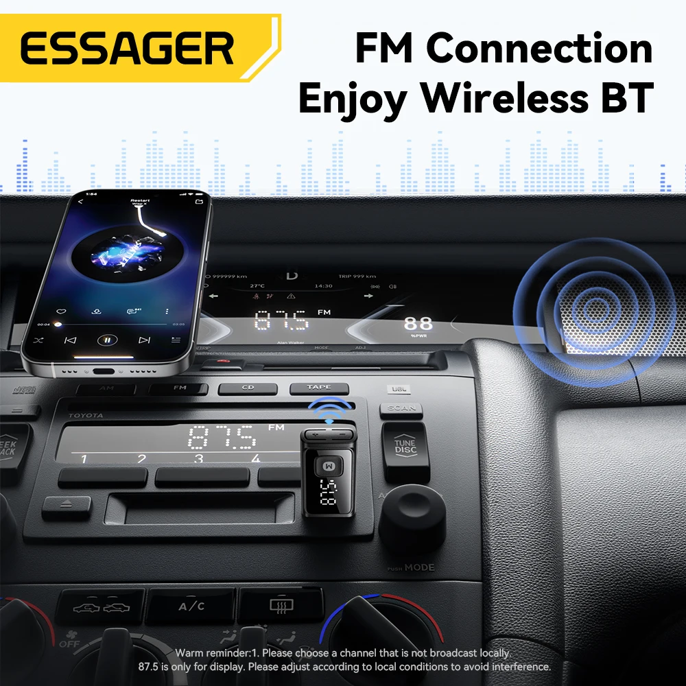 ESSAGER Bluetooth 5.4 Car Adapter Wireless FM Transmitter Audio Receiver&Handsfree Call Auto Stereo Mic Car Adapter Accessories
