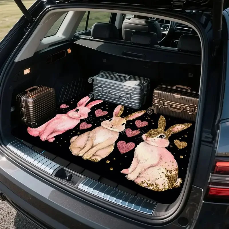 Car Trunk Mat With Cute Rabbits And Hearts - Adorable Black Trunk Liner For Stylish Interior Decor, Perfect For Holiday Travel A