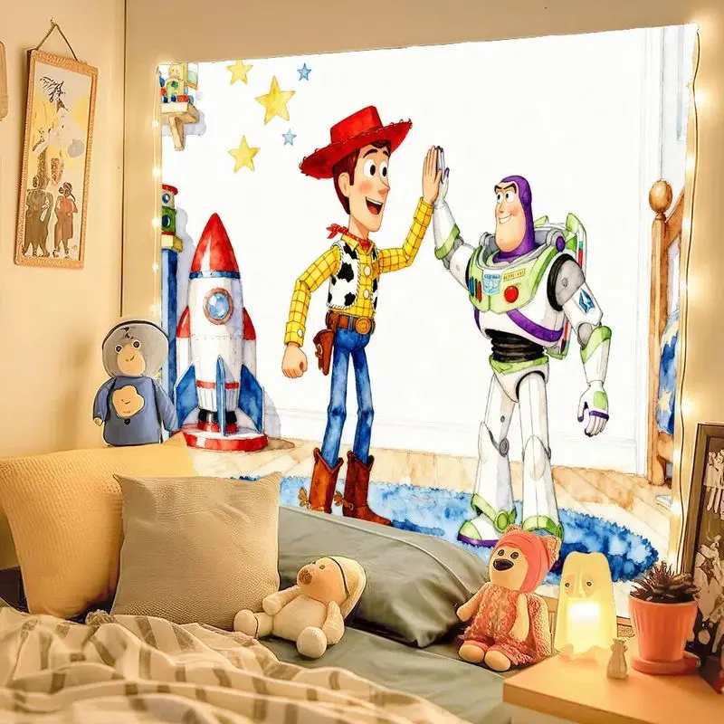 1 Buah Disney Pixar Toy Story Woody & Buzz Lightyear High Five Tapestry Hiasan Dinding Dekorasi Seni Petualangan untuk Kamar Tidur Anak-anak Kamar Asrama