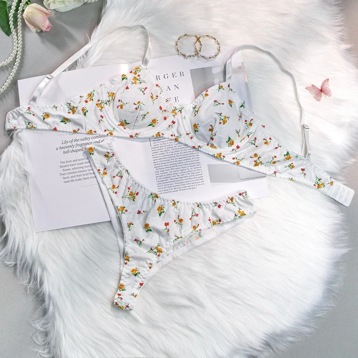 

new Sexy Countryside Style Knitted Lingerie Set Women's Floral Underwear with Soft Steel Ring Two-piece Set French Style Bra