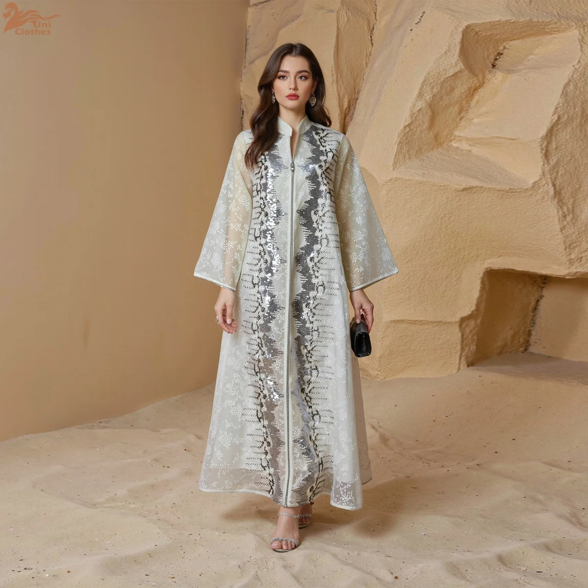 

Muslim Elegant Sequins Patchwork Women Evening Dress Fashion Dubai Embroidered Mesh Sleeve Kaftan