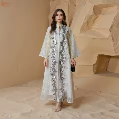 Muslim Elegant Sequins Patchwork Women Evening Dress Fashion Dubai Embroidered Mesh Sleeve Kaftan