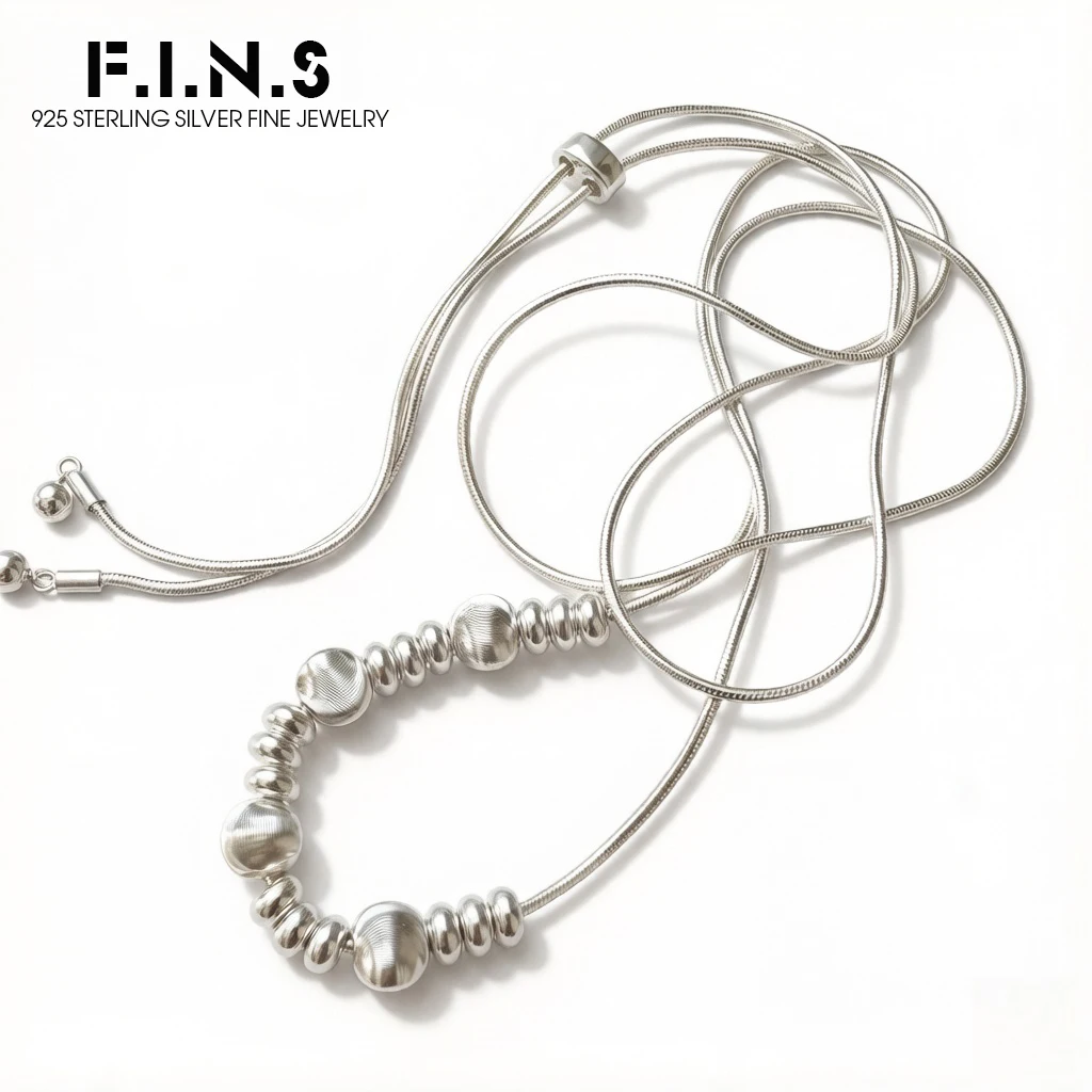 

F.I.N.S S925 Sterling Silver Bead Necklace for Women Girl Geometry Lucky Adjustable Chain Choker Jewelry Long Sweater Chain
