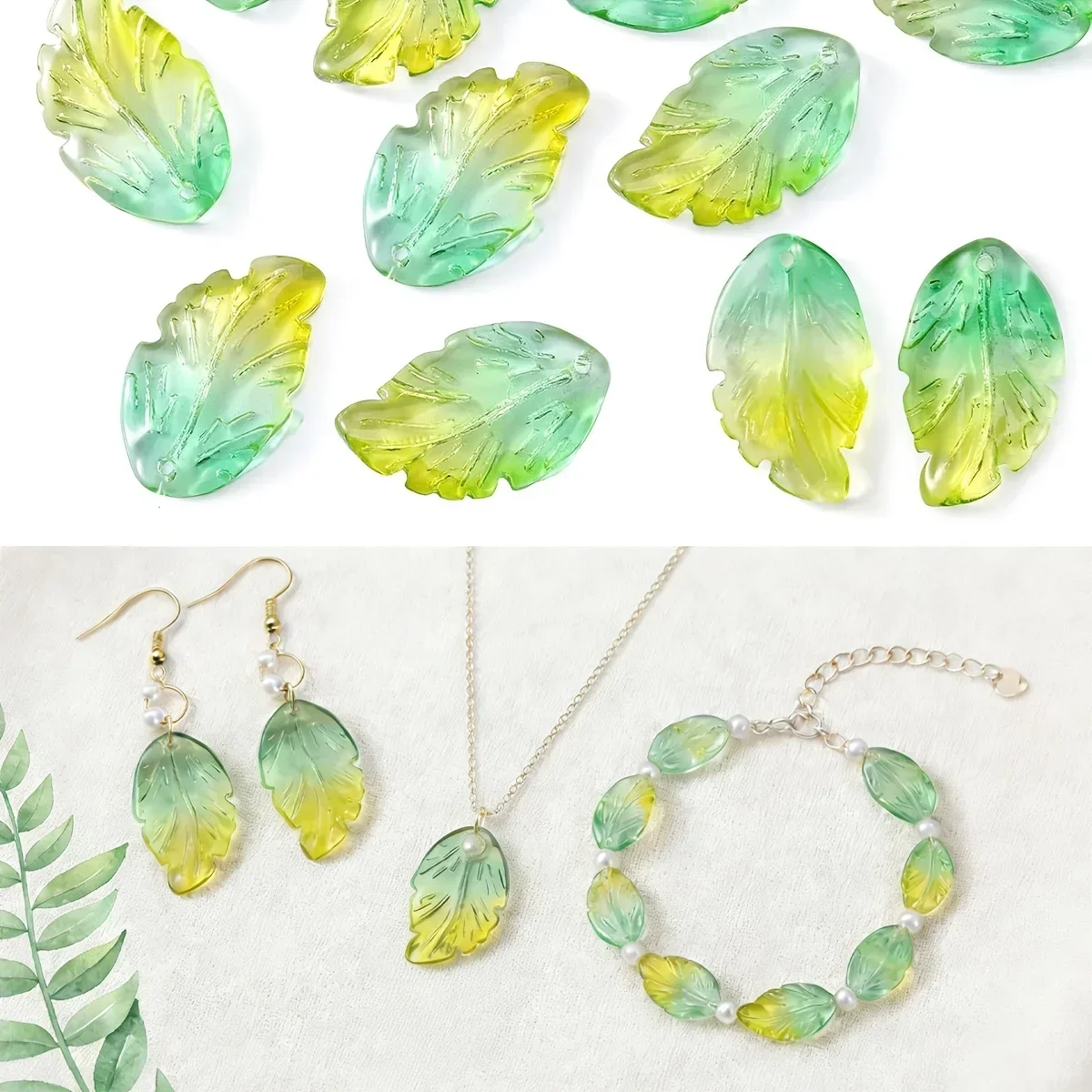 30/60pcs Random Color 17*27mm Gradient Transparent Leaf Glass Loose Beads DIY Bracelet Pen Craft Supplies