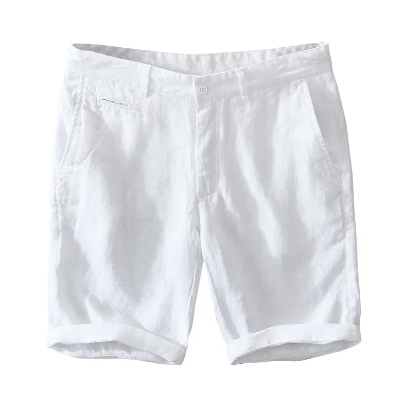 Pure Linen Shorts for Men 2023 Summer New Fashion Solid White Loose Holiday Shorts Man Casual Plus Size Button Fly Short Pants