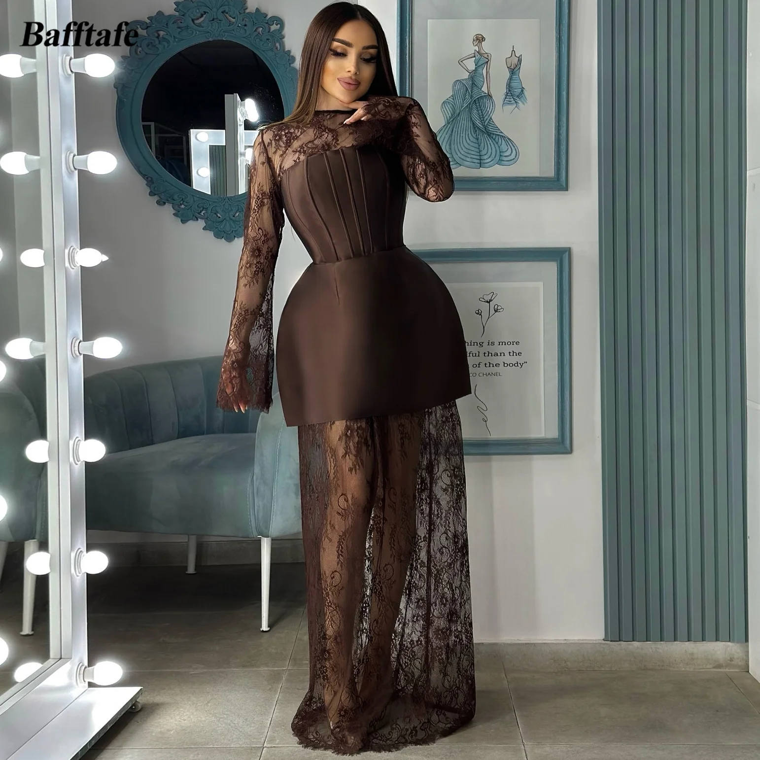 

Bafftafe коричневые креповые вечерние платья по индивидуальному заказу, кружевное женское вечернее платье с длинными рукавами для выпускного вечера, свадебные платья для помолвки 2026