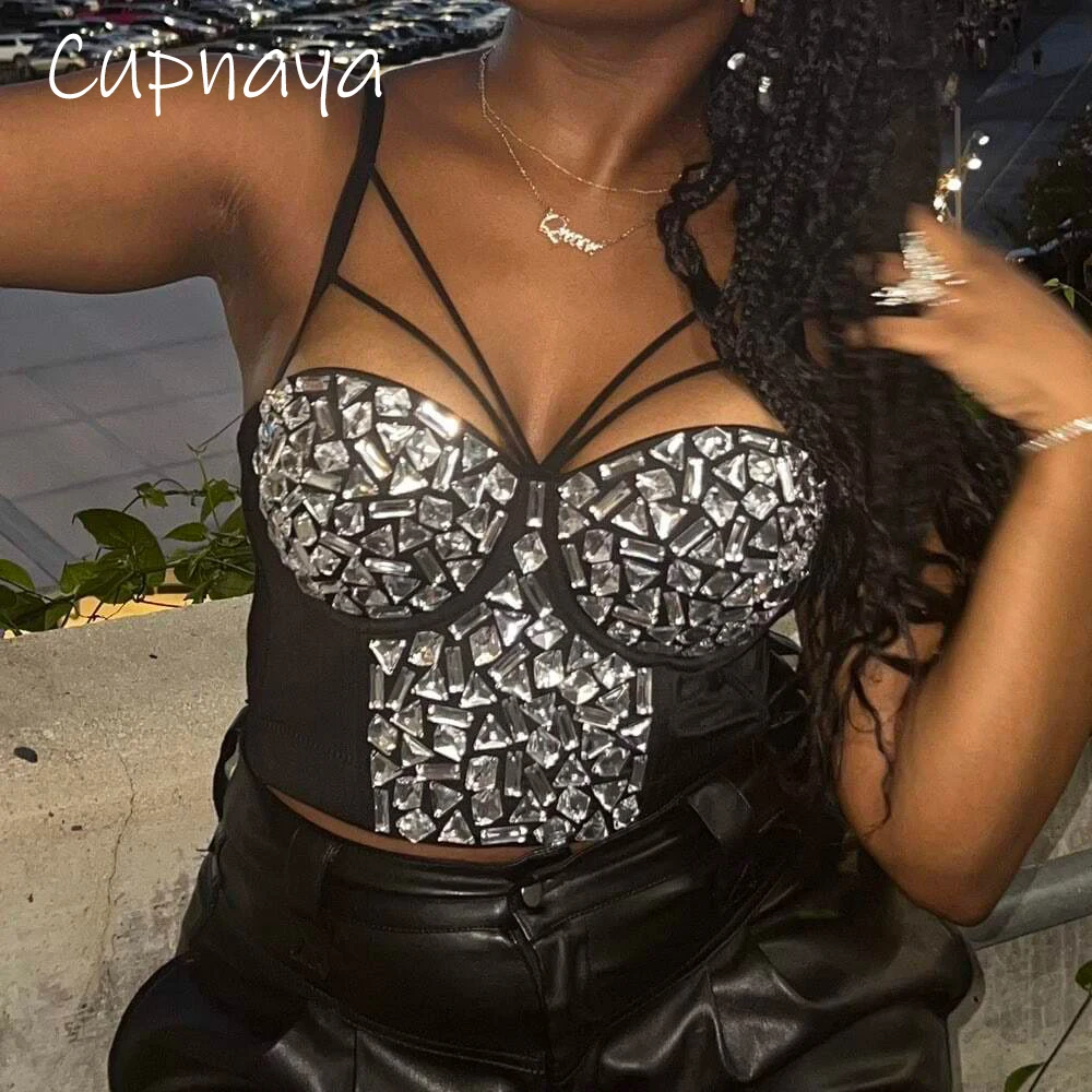 

Cupnaya Shiny Rhinestones Women Sexy Push Up Short Corset Hot Girl Bustier Cami Vest for Show Night Clubwear Party Crop Tops