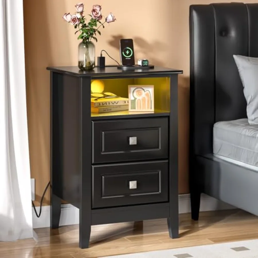 

LED Nightstand with Charging Station and Drawers in Black Smart Bedside Table for Bedroom Modern Night Stand with Built-in USB
