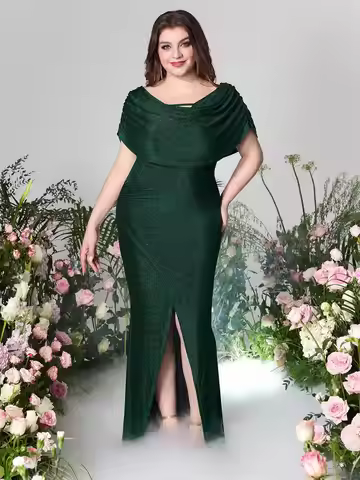 Off Shoulder Fishtail Dress Plus Size Solid Color Fishtail Long Skirt Fold Design Retro Elegance Split Hem Party Evening Dress