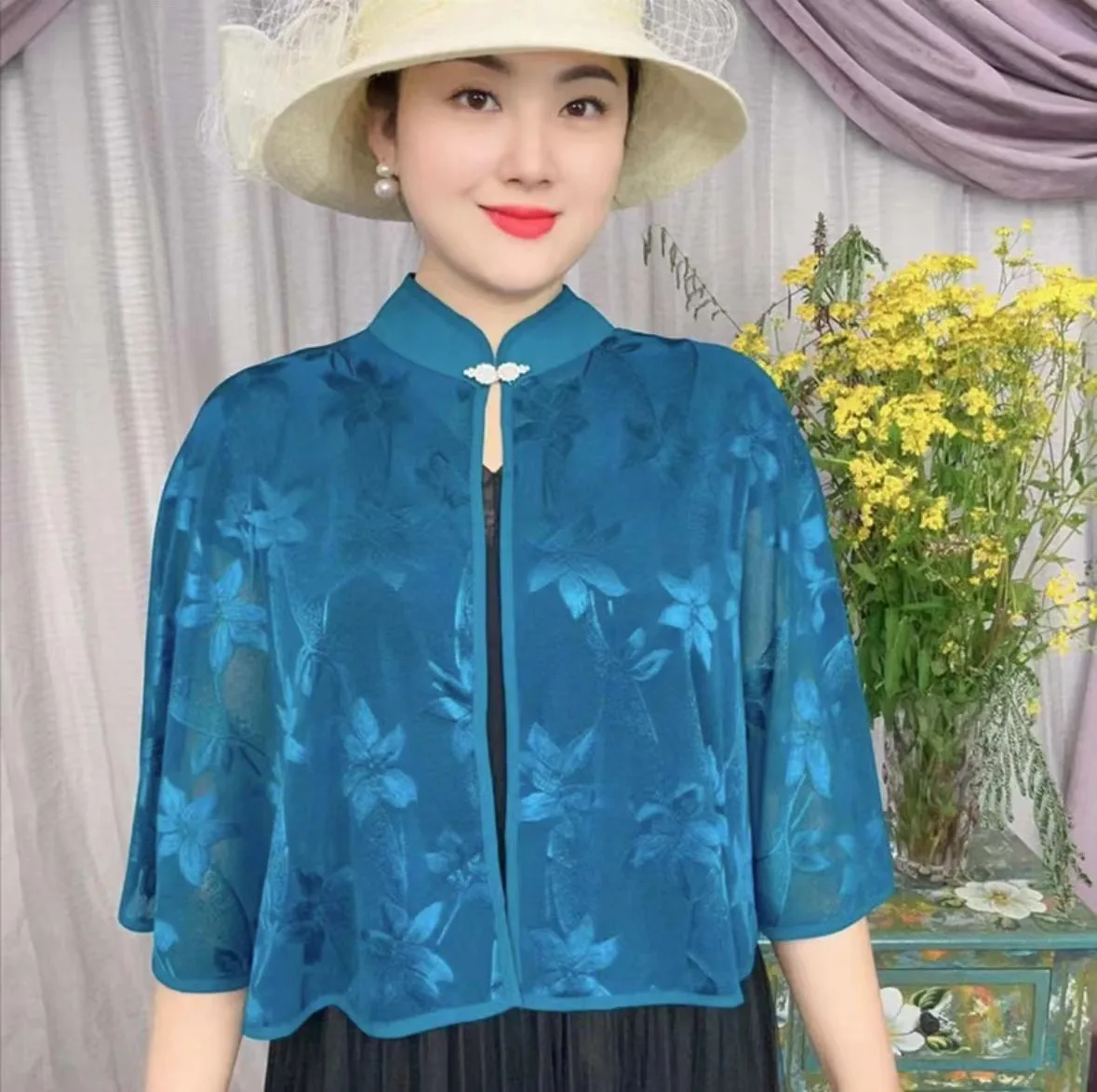 

Summer new Poncho hollowed out qipao shawl women's versatile sun protection Cloak stand up collar cape P6