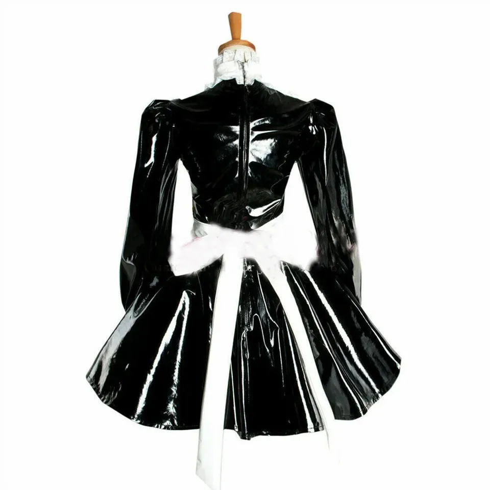 Sissy girl can lock black PVC white apron ruffle edge dress maid cosplay costume can be customized