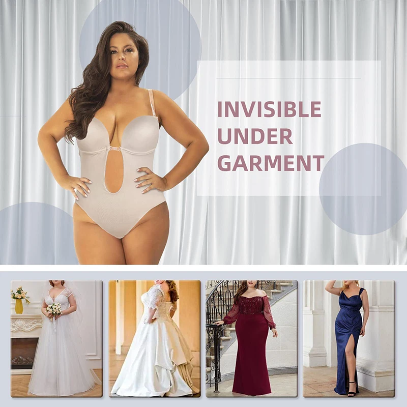 Full Body Shapewear Deep V-Neck Body Shaper Backless U Plunge Thong Underwear Women Clear Strap Padded Push Up Corset Invisible