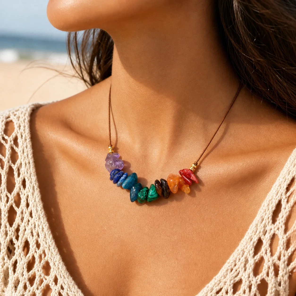 1pc Women's Bohemian Geometric Multicolor Semi-Precious Stone Chip Pendant Necklace with Copper Strand Chain for Party