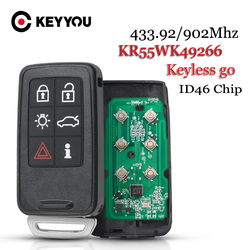 

KEYYOU Smart Keyless Remote Key For VOLVO S60 S80 V40 V60 V70 XC60 XC70 FCC ID: KR55WK49266 433/902MHz FSK 6 Buttons ID46 Chip