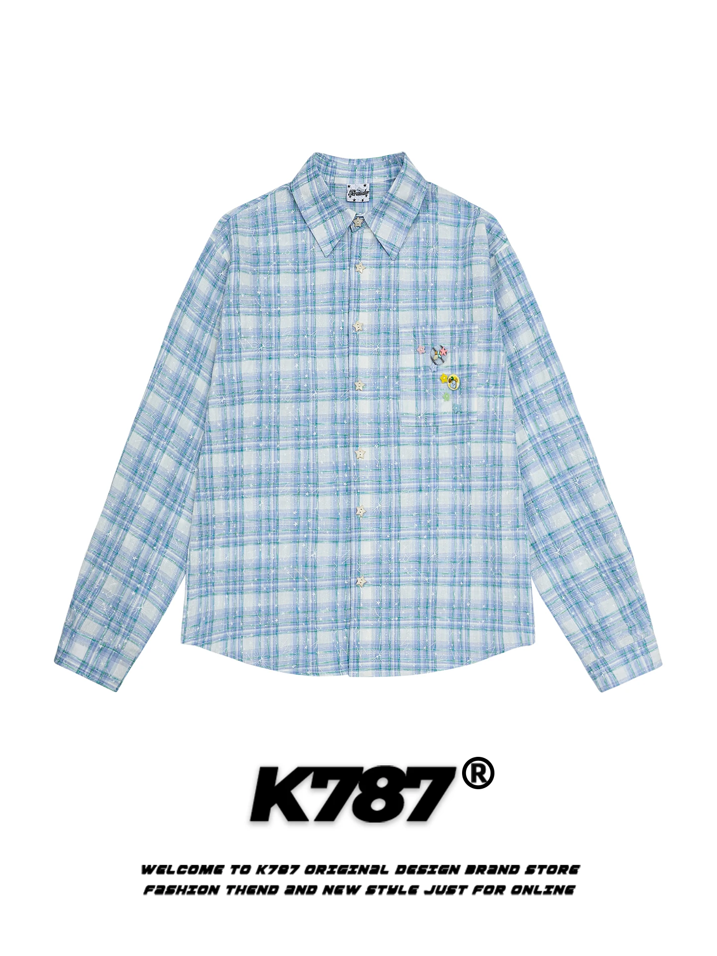 

K787 American Retro Cartoon Button Splicing Long Sve irt Loose Street Sle Outerwear for Men And Women Plaid Star Pattern