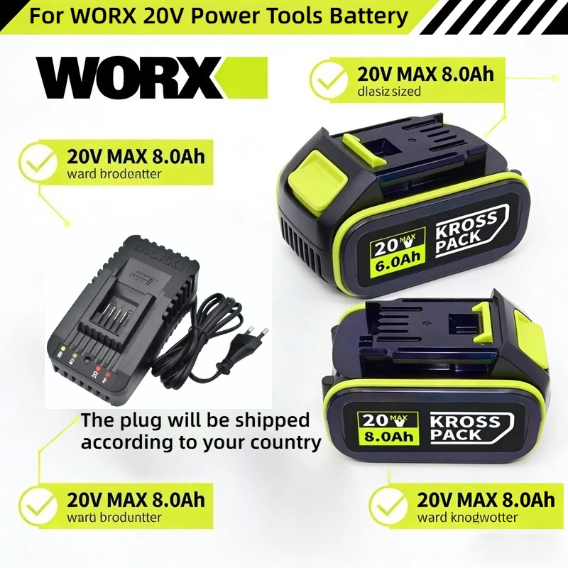 

8000mAh Battery Fit WORX 20V 6.0Ah Li-ion Battery,Replacement WA3551 WA3016 WA3027 Cordless Power Tools