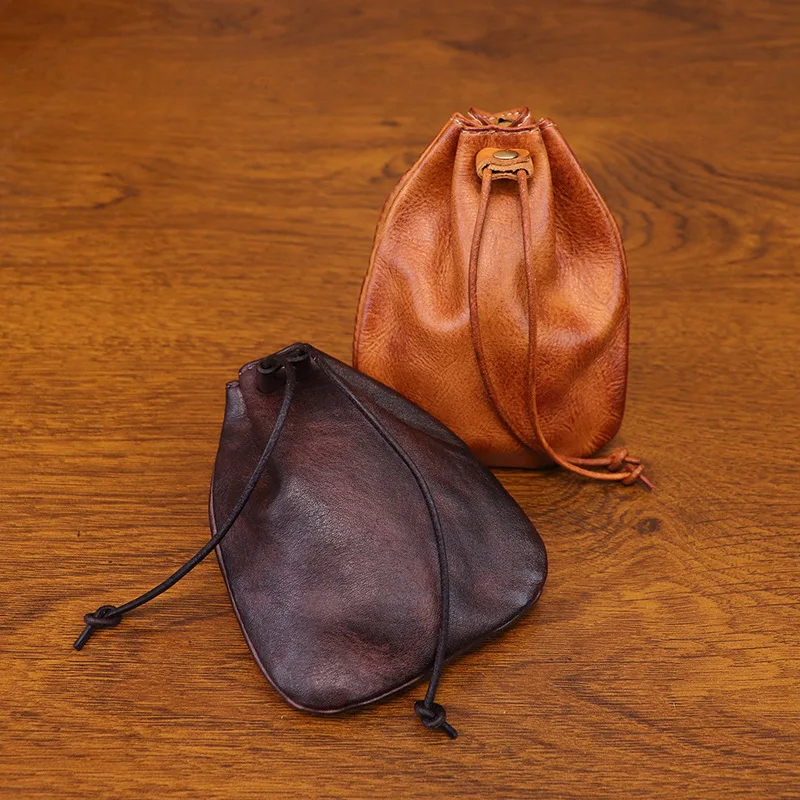 Authentic Cowhide Coin Purse Key Holder Dyed Color Portable Change Card Holder Dstring ex Small Leather Bag