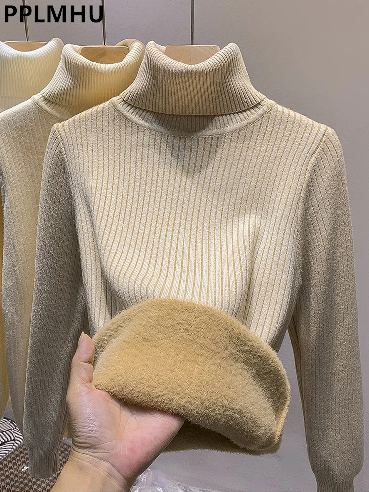 Thicken Plush Velvet Lined Knit Sweater Women Winter Slim Casual Warm Pullover Tops New Turtleneck Long Sleeve Knitwear Jumper