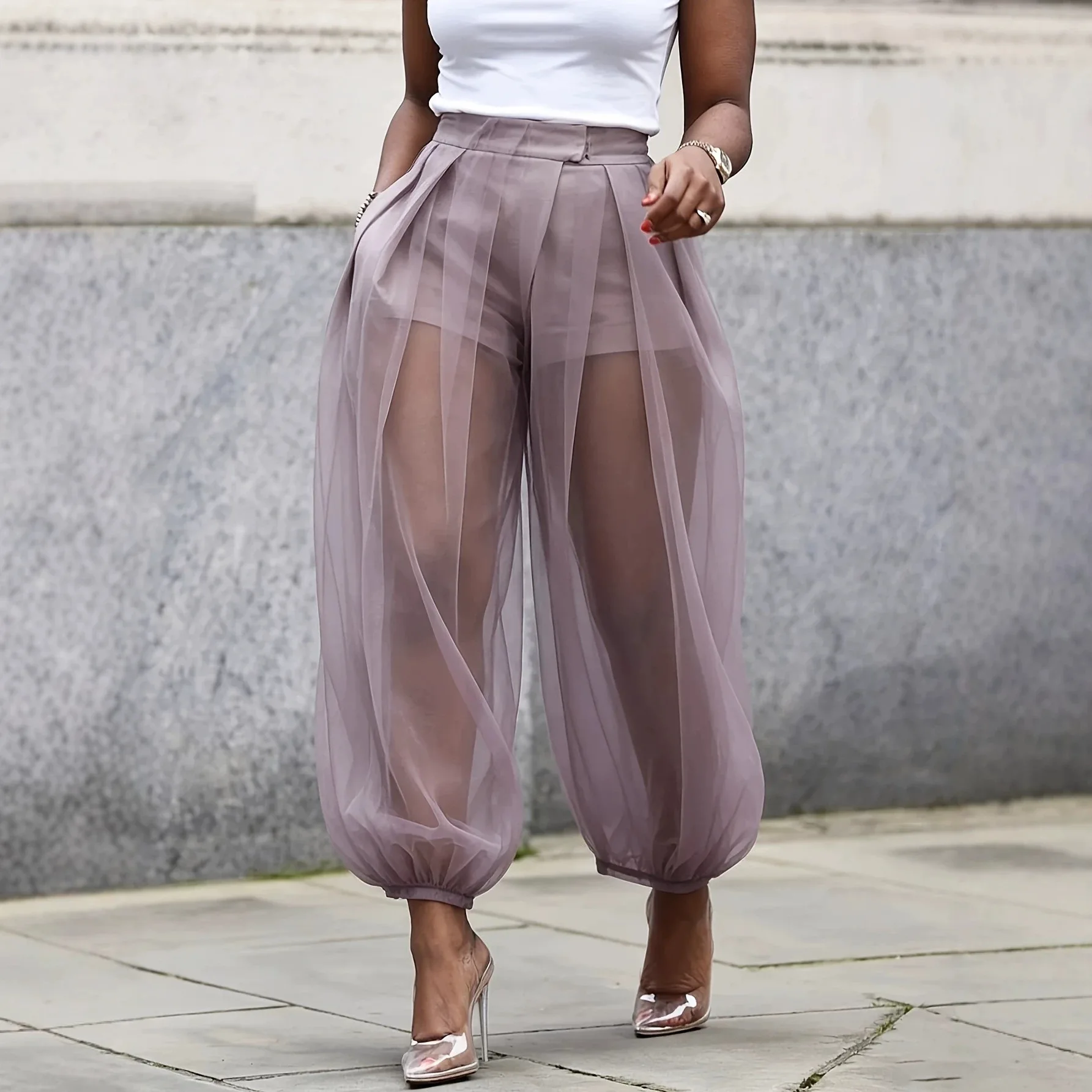 Sheer Mesh Tulle Balloon Pants High Waist Elastic Cuff Loose Trousers Elegant Casual See-Through Bottoms for Women