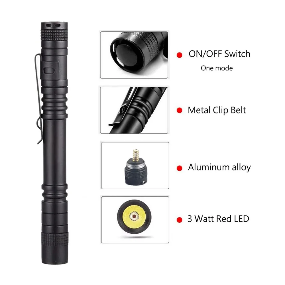 Portable Mini Red LED Flashlight Aluminum Alloy Pen Shaped Household Flashlight AAA Outdoor Strong Light Flashlight