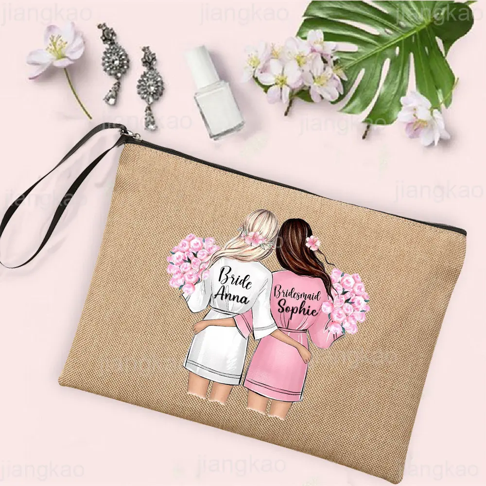 Personalized Custom Name Makeup Bags Bachelorette Party Neceser Cosmetic Bag Linen Zipper Bag Toiletry Organizer Bridesmaid Gift