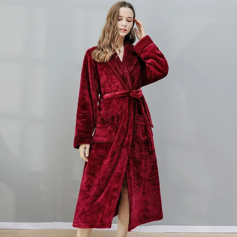 Female Autumn and Winter Warm Long Coral Velvet Thick Couple Bath Bathrobes Women Pajamas Shower Robe Bath Towels For Adults