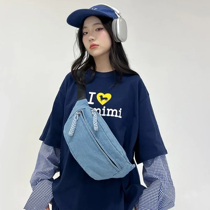 New Solid Color Trend Hobos Crossbody Bags 2024 Retro Concise Denim Fabric Light Versatile Style Shoulder Bags Fashion Pocket