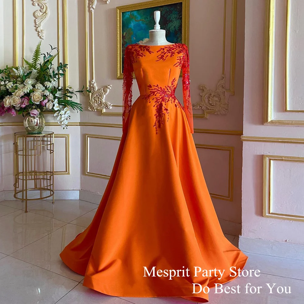 Orange Evening Dress Long Sleeves Beading Applique Scoop Neck Sweep Train A Line Satin Prom Gown Formal Party Dresses 2025