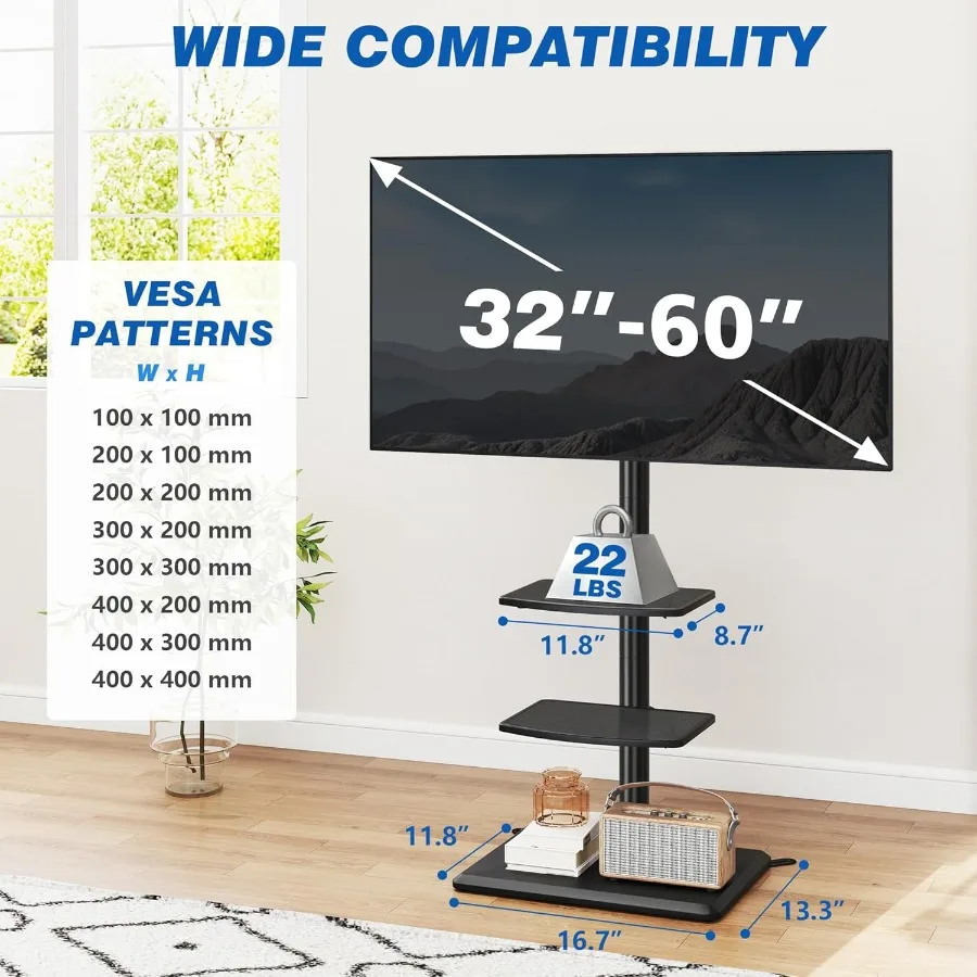 Swivel Floor TV Stand with 2 Shelves for 3260 Inch TVs up to 88lbs Height Adjustable TV Mount with Wood Base Shelf SpaceSaving