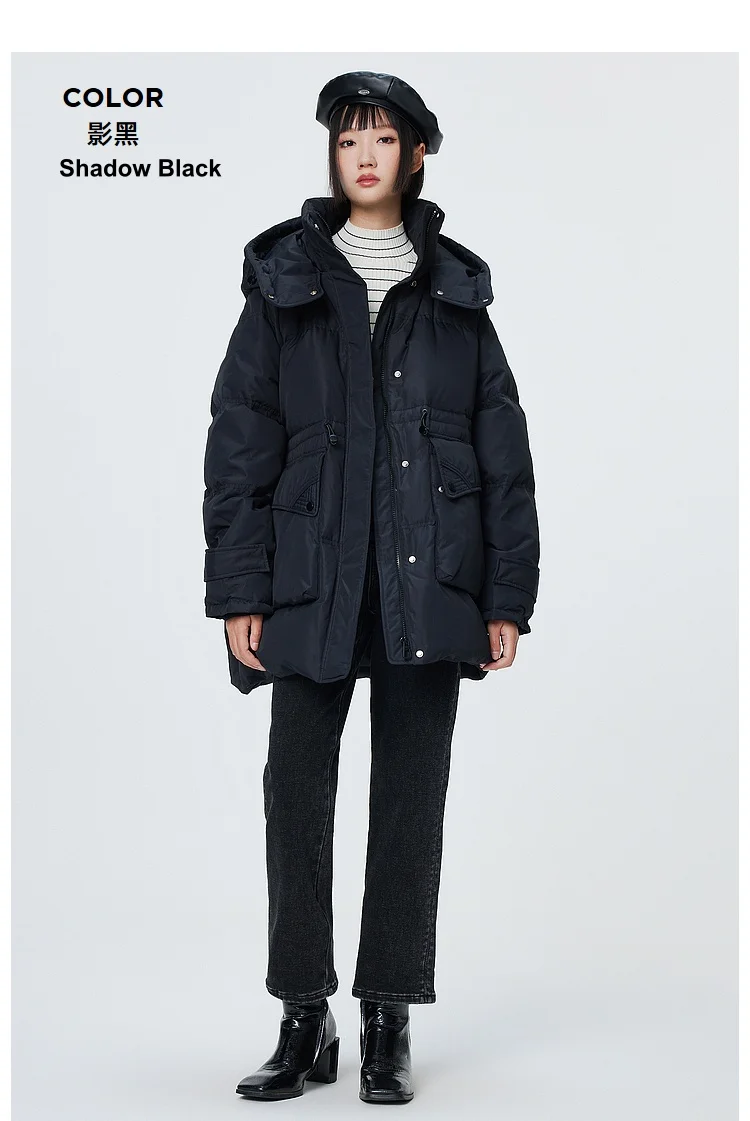 Metersbonwe Women's Oversized Long Hooded Down Jacket Adjustable Pig Nose Buckle Waist Belt Utility Duck Down Parka Warm Winter