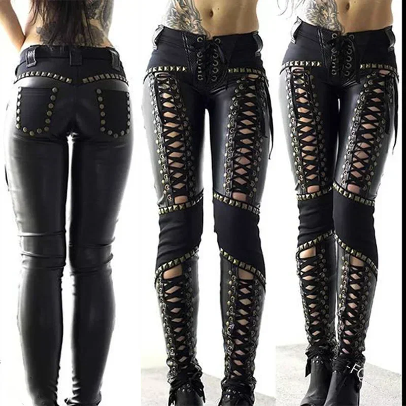 Pantalones de mujer Punk Rock, pantalones pitillo de cuero de imitación, nuevas mallas sexis caladas con vendaje, ropa de calle, pantalones de mujer