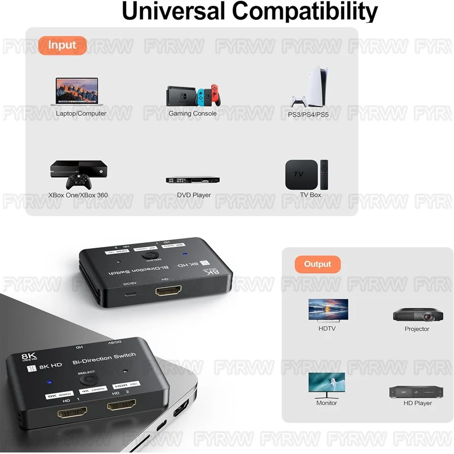 Interruptor Compatible con HDMI 8K 4K/120Hz 8K/60Hz 2,1, conmutador bidireccional 2 en 1, convertidor 1 en 2 para adaptador divisor PS5