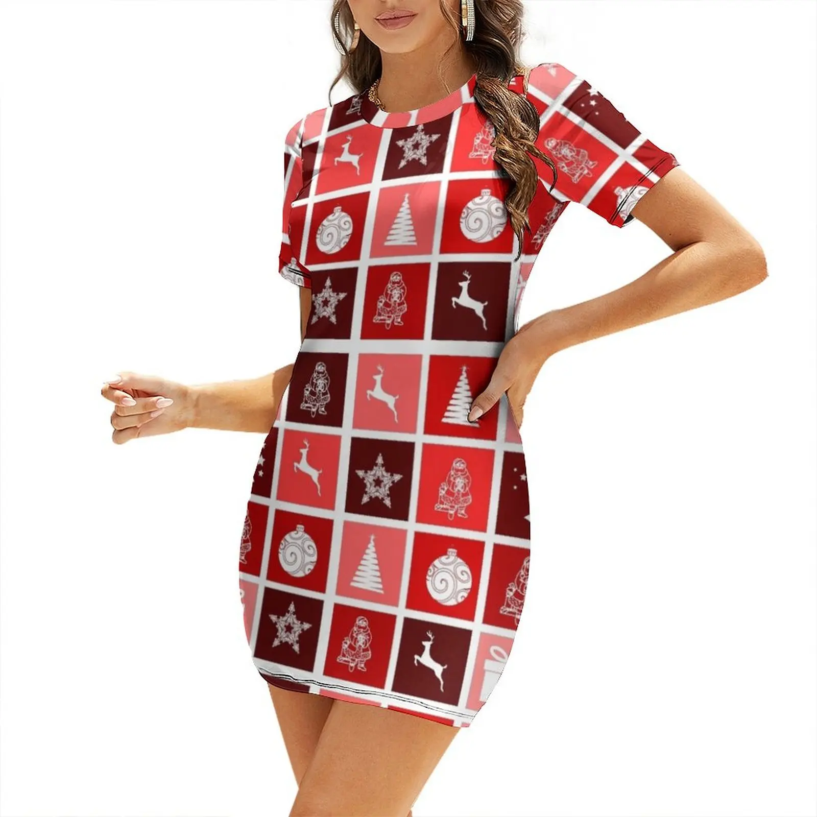 

Christmas multi blocks pattern; colorful seasonal images Short-Sleeved Dress Clothing birthday dress for women luxury 2026