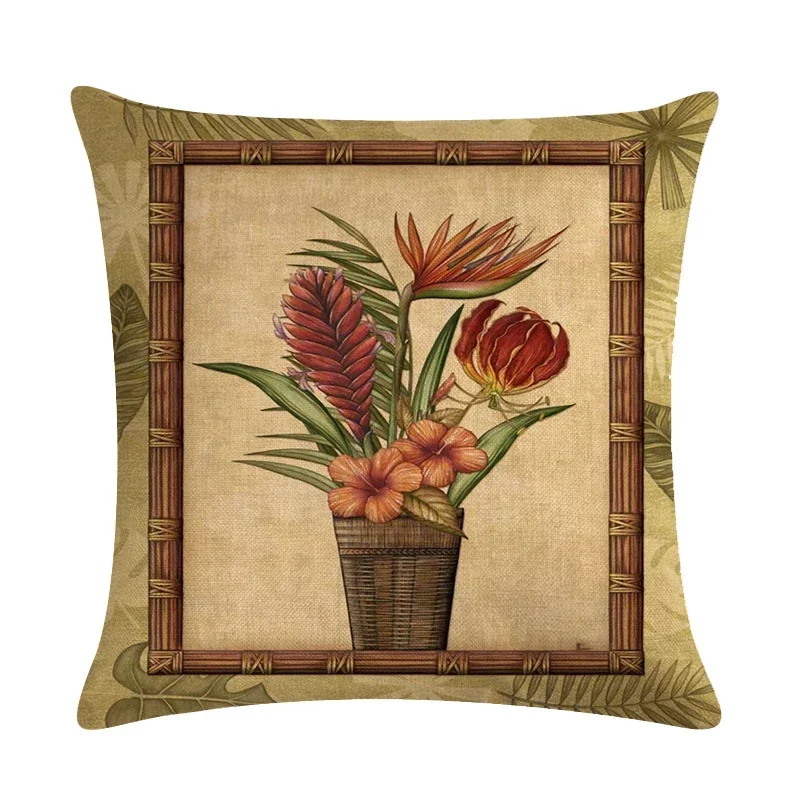 Vintage Oil Painting Flower Print  Linen Cushion Cover Vase Home Decoration Pillowcase Bedroom Sofa Cushion Cover 45*45cm