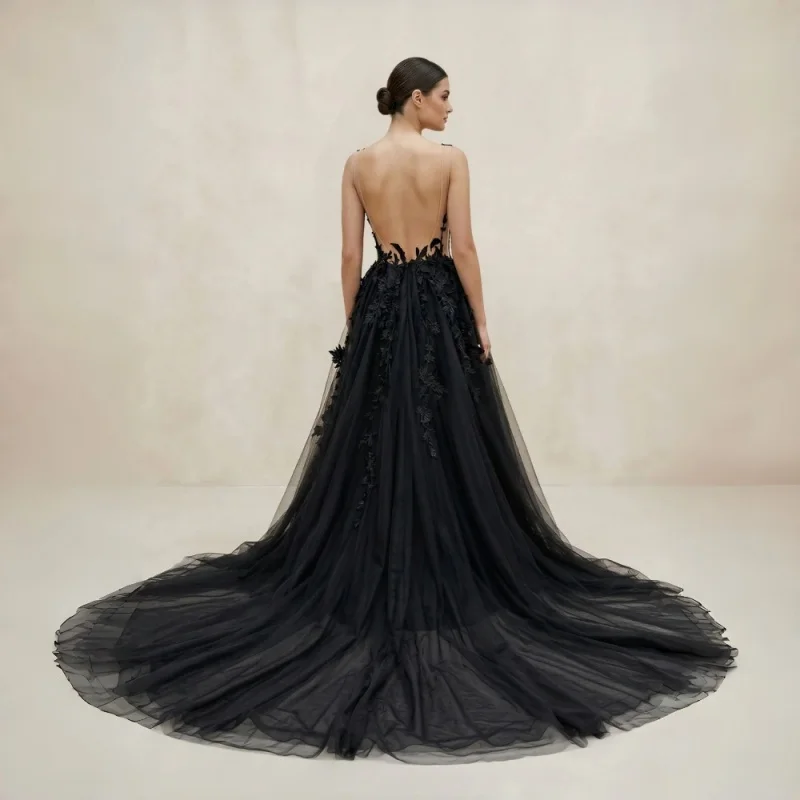 Black Plunge V-Neck Tulle 3D Floral Lace Appliques Sleeveless Tulle Backless Wedding Dresses Ballgown Evening Gowns Customizable