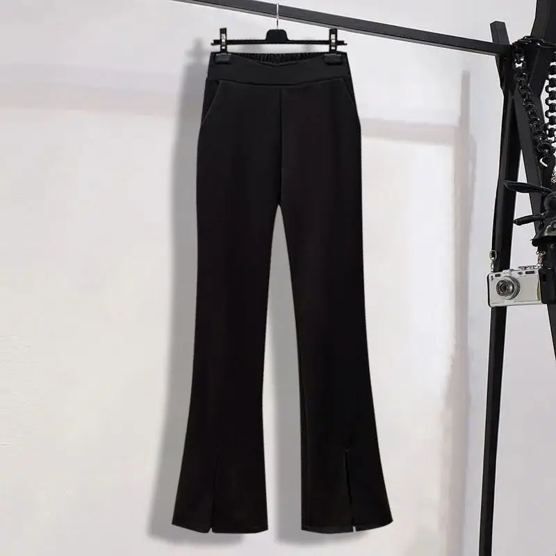 Conjunto de dos piezas de estilo coreano para mujer, camisa falsa con bloqueo de Color, pantalones negros ligeramente acampanados divididos, ropa de temperamento