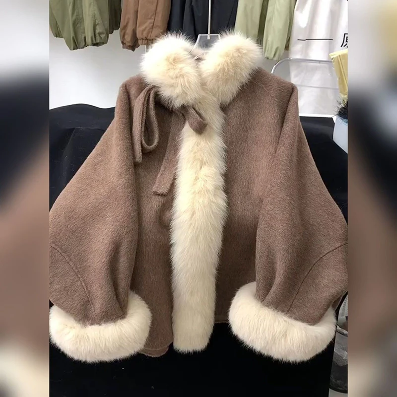 

French Style Bow Woolen Coats Women Winter Warm Long Sleeve Fur Collar Patchwork Casual Outwear Preppy Sweet Simple Female Tops