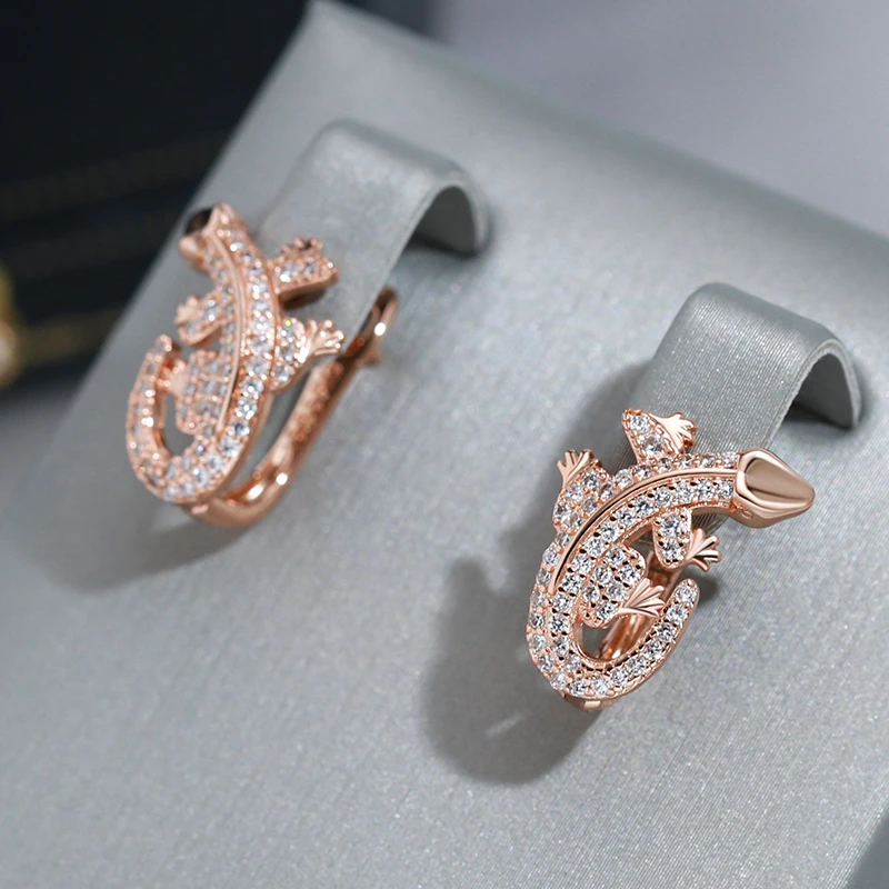 Wbmqda Personalized Lizard Shape Drop Earrings For Women 585 Rose Gold Color Full Zircon Setting Luxury Fashion Animal Jewelry