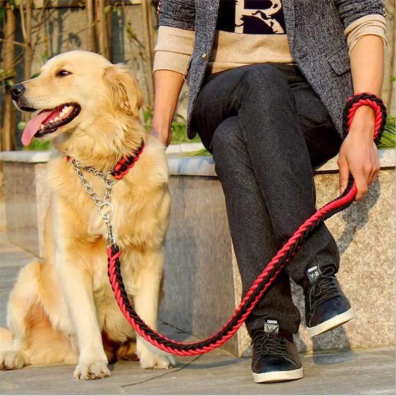 1.2m Length Double Strand Rope Large Dog Leashes Metal P Chain Buckle Contrast  Color Pet Traction Rope Collar Set for Big Dogs