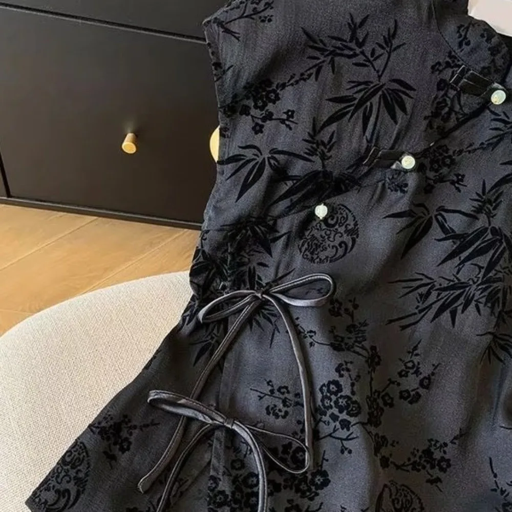 Thin Fabric Cheongsam T-Shirt Jacquard Weave Short Sleeve Slanting Lapel Top Summer Weight Black Color Black Jacquard Shirt