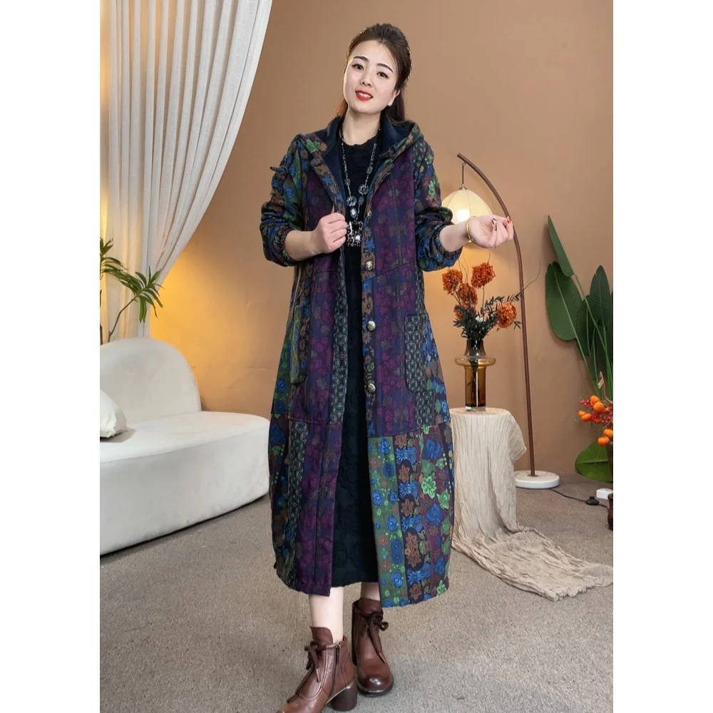 Vintage Floral Print Long Cotton Coat Women Autumn Winter Fur Lined Trench Coat Single-breasted Parkas Warm Loose Outerwear Chic